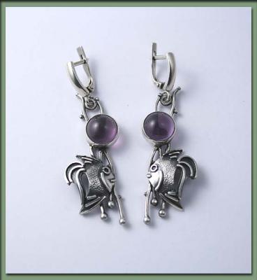 Earrings from the series "Fish" with amethyst