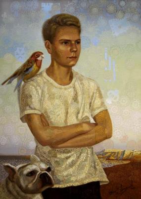 Portrait of a young man with a dog and a parrot. Akindinov Alexey