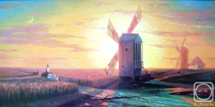 Kulagin Oleg. Windmills in the steppe at sunset. I.Aivazovsky (copy)
