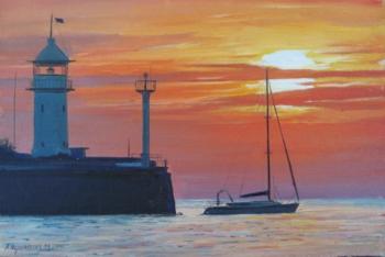 Evening, yacht at the lighthouse. Chernyshev Andrei