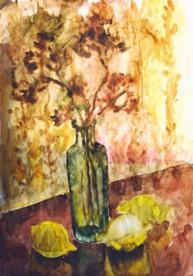 Still life with green bottle and lemons. Slozhenikina (Kosareva) Natalia