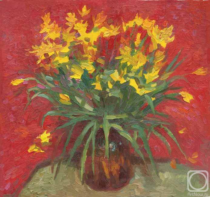 Chernov Denis. Yellow Tulips against the Red Backgroud