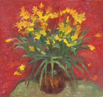 Yellow Tulips against the Red Backgroud. Chernov Denis
