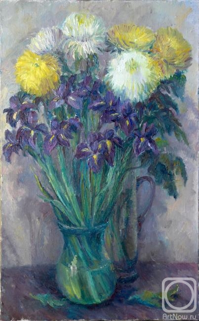 Kalmykova Yulia. Still life with irises and chrysanthemums