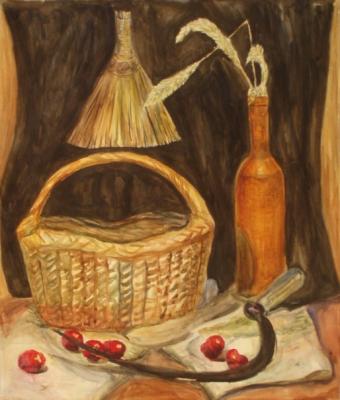 Still life with sickle and basket
