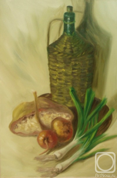 Lukaneva Larissa. 330 (Still life with onion, bread and wine)