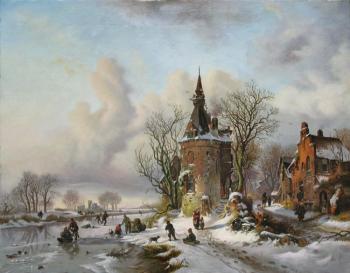A winter landscape with skaters near a castle