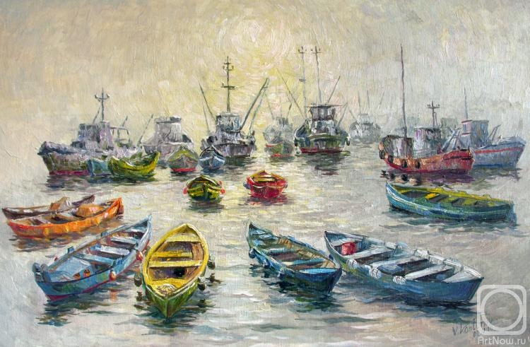 Konturiev Vaycheslav. Boats of different colors in grey fog