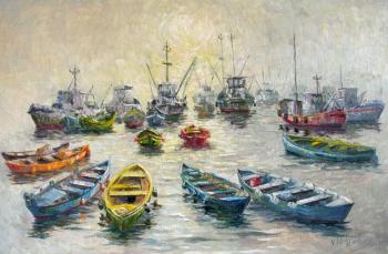 Boats of different colors in grey fog