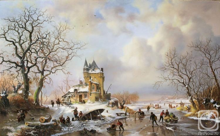 Elokhin Pavel. Winter Landscape with Figures Near a Mansion