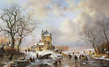 Winter Landscape with Figures Near a Mansion. Elokhin Pavel