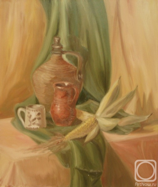 Lukaneva Larissa. 351 (still life with corn and ceramic jugs)