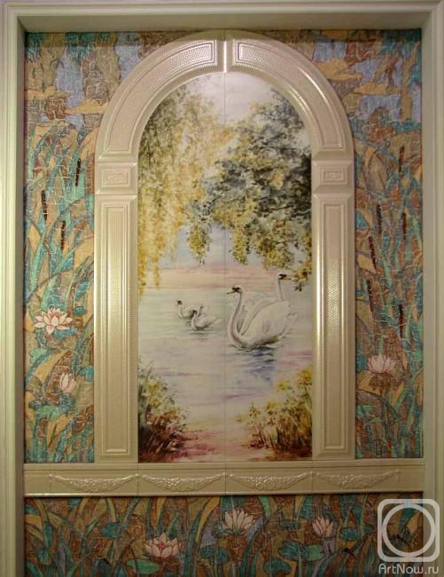 Kolokolov Anton. Decorative panel "Swans" (printing on ceramics) in the author's frame (painting)