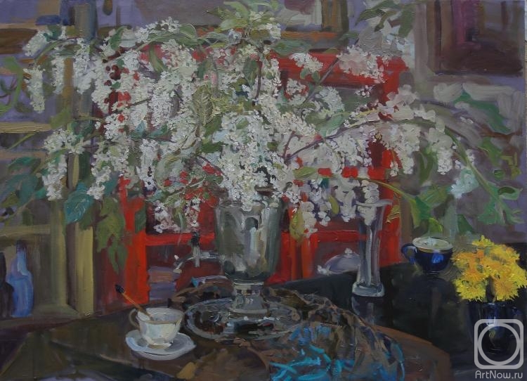 Blinkova Anzhela. Cherry in a samovar on the background of a red cabinet