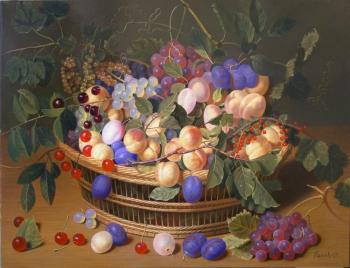 Plums and apricots in a basket. Beysheev Kemel