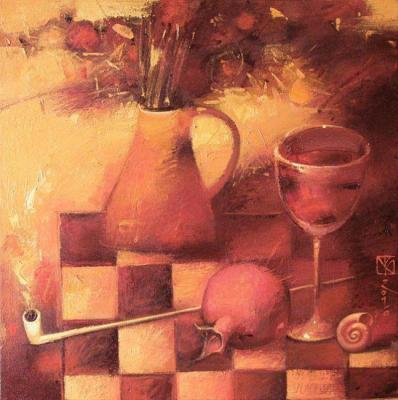 A glass of pomegranate juice and a peace pipe. From the series "Still Lifes and Games". Kotendgi Vitaliy