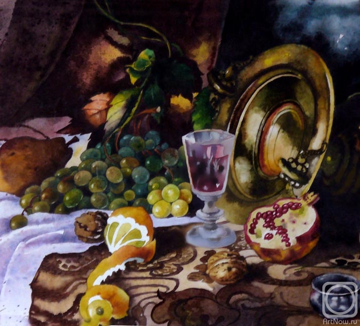 Ivanova Olga. Wine-glass, dish and fruits