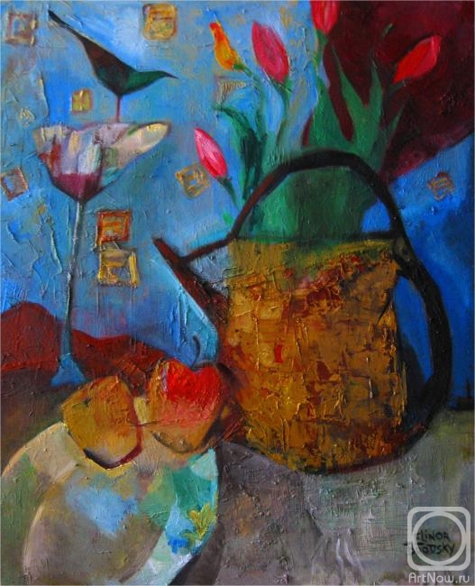 Brodsky Elinor. Still life with tulips and hummingbird
