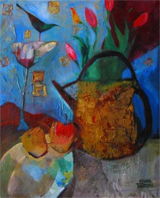 Still life with tulips and hummingbird. Brodsky Elinor