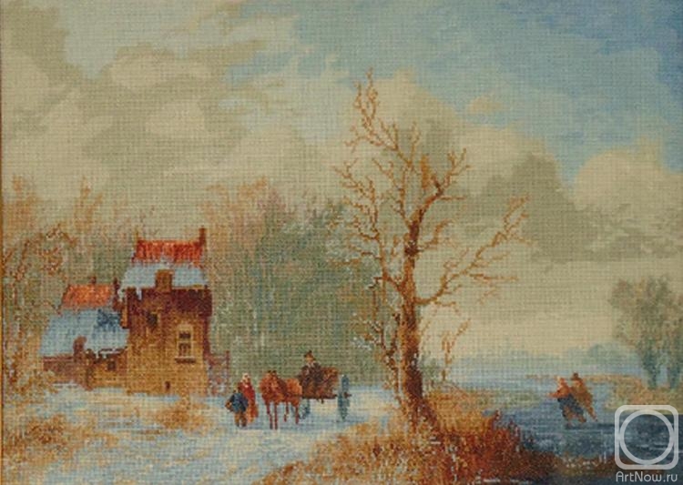 Nevinskaya Olga. "A winter Landsoape With Skaters On A Frosen waterway" Jacobus Van Der Stok