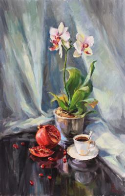 Morning coffee with a smell of orchids
