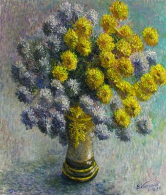 Chrysanthemums in a dark vase (Dark Flowers Bouquet). Konturiev Vaycheslav
