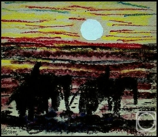 Makeev Sergey. Sunset and elephants with their rods. 2006