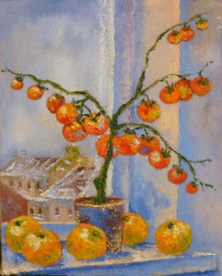 Winter still life with tomatoes and oranges. Naddachin Sergey