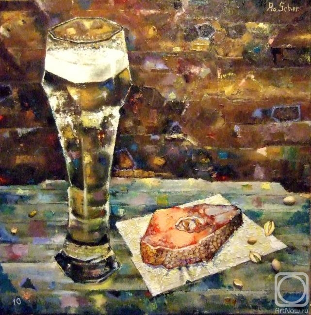 Schernego Roman. Still-life with beer, fish and pistachios