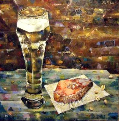 Still-life with beer, fish and pistachios