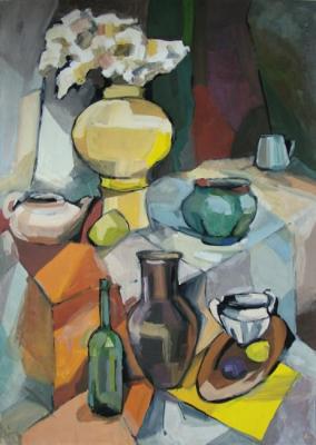 Still life with milk-jug and yellow vase