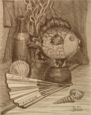 Still Life with Ceramic Fish and Chinese Fan. Lukaneva Larissa