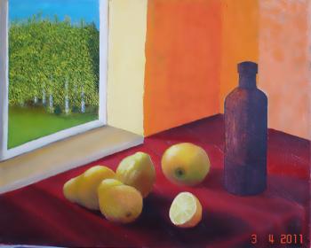 Still life with pears, apple and lemon