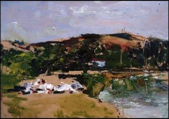 Evening study with birds on the shore of the pond. 2007