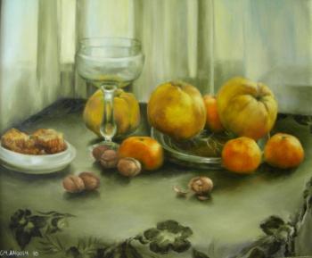 Still life with fruits and honey in combs. Gharagyozyan Anoush
