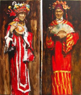 Chinese bride and groom. Diptych