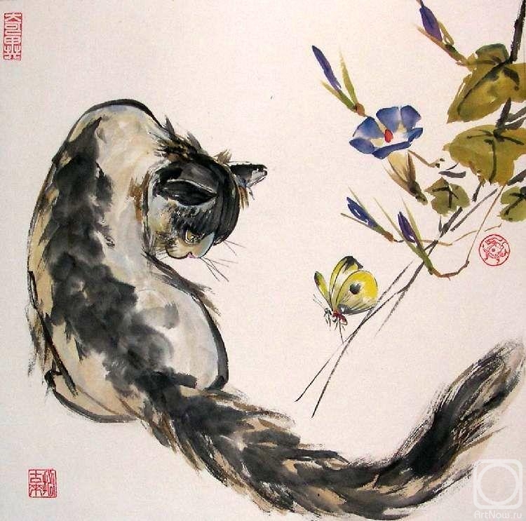 Mishukov Nikolay. Cat, butterfly and bindweed