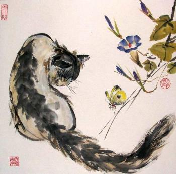 Cat, butterfly and bindweed