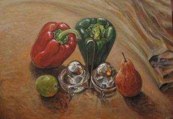 Peppers, salt shakers, pear and apple. Ast Marina
