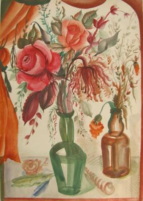 Still life with roses in a green bottle