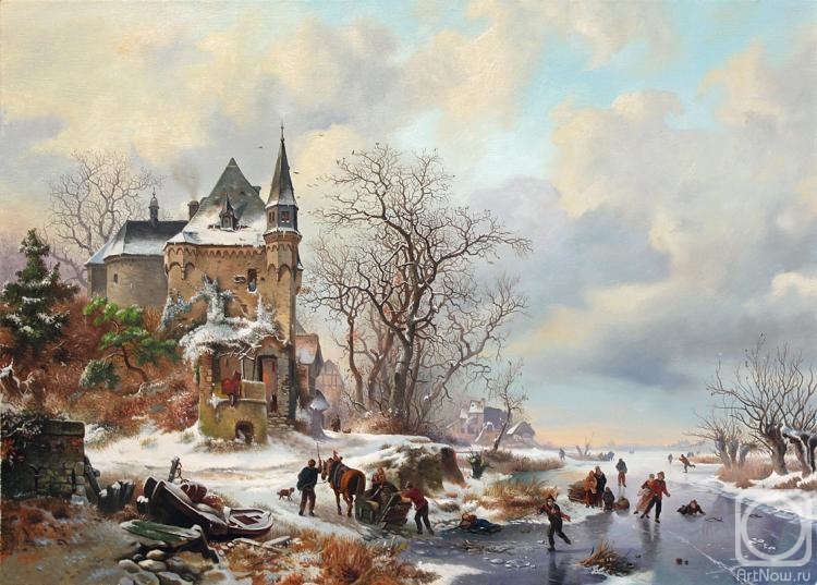 Elokhin Pavel. Winter Landscape with Iceskaters by a Castle