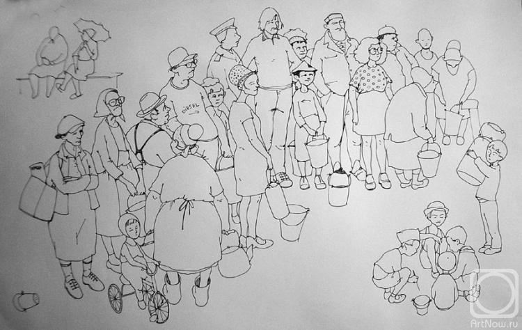 Zarubina Elena. The queue for water. Costume sketches for the book, Catherine Sadur "Out of the shadows into the light flying." preparatory drawing