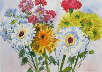 A Bunch of White Gerberas and Chrysanthemums (Flowers And Gardens). Piacheva Natalia