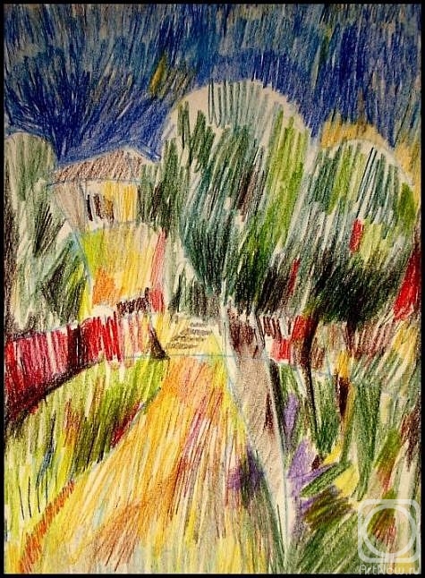 Makeev Sergey. Landscape with red fence and trees. 2006