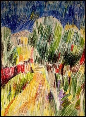 Landscape with red fence and trees. 2006