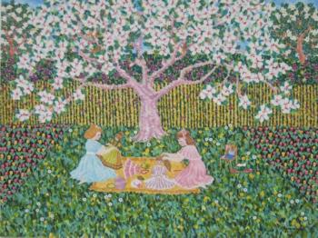 Girls under the apple tree. Childhood