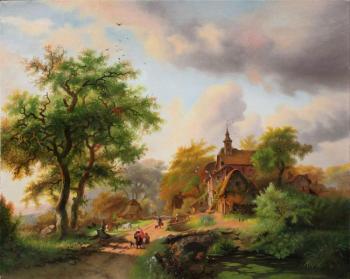 Figures on a sunlit path near a mansion. Elokhin Pavel