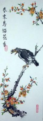 Mynah-bird on a branch of flowering plum. Mishukov Nikolay