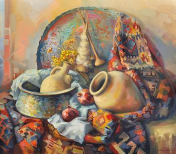 Armenian still life with a tray and spinning wheel