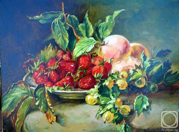 Komarovskaya Yelena. Still-life with a strawberry, peaches and a gooseberry